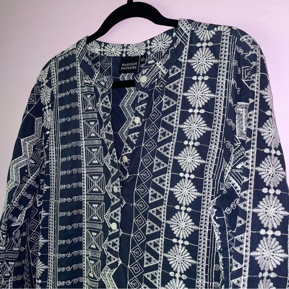 Madison Mathews Size L Tunic Dress Navy Embroidered Aztec Boho Southwestern - Picture 2 of 8
